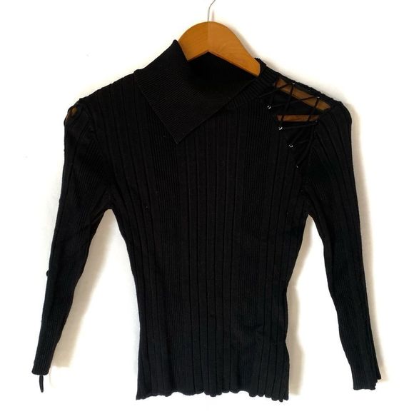 DOLLHOUSE Black Asymmetrical Ribbed Knit Top w/ Mesh Detail & 3/4 Sleeve - Picture 4 of 8